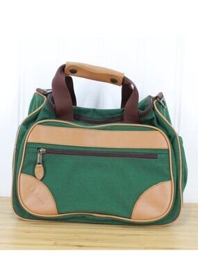 Vintage LL Bean Duffle Bag Carry On Green Canvas & Leather Trim Straps